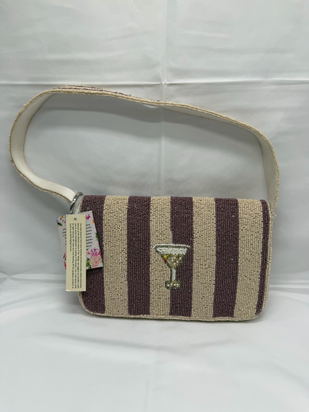 Beaded Martini Stripe Shoulder Bag - Cream & Purple - Picture 2 of 2